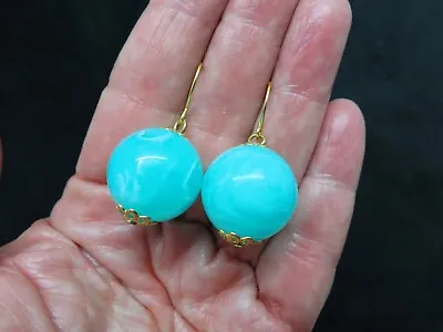 Vintage 1960's Gold Tone Teal Lucite Ball Pierced Earrings • $13.49