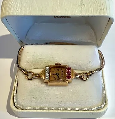 $750 • Buy Vintage 14K Rose Gold Bulova Ladies Watch Diamonds And Rubies
