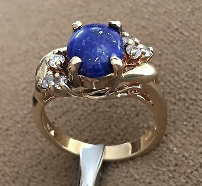 Vintage Signed Gold Vermeil On Sterling Silver Blue Lapis Lazuli CZ Size 7 Ring • $35