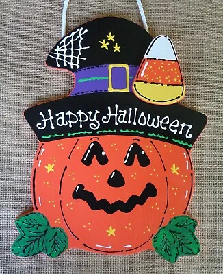 HAPPY HALLOWEEN Pumpkin Candy Corn SIGN Holiday Wall Art Door Hanger Plaque  • $13