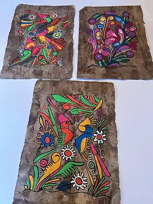 Vintage Mexican Amate Bark Paper Hand Painted Folk Art Neon Bird 1970’s Set Of 3 • $34.99