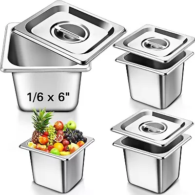 4 Pack Stainless Steam Hotel Pans With Lids 1/6 Sixth Size X 6 Inch Deep 0.7 M • $40.99