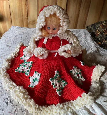 Vintage Red/White Crocheted Mrs Claus Christmas Dress With Doll And Hooded Cape • $8.99