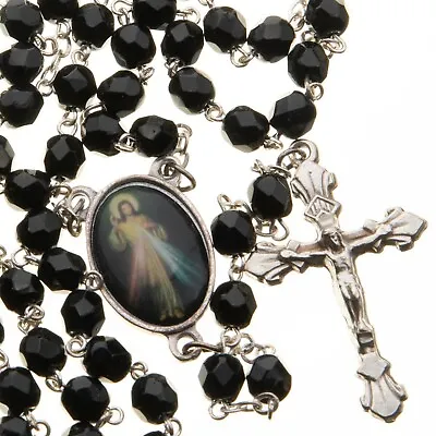 Divine Mercy Catholic Rosary Beads Black Faceted Glass Women Men 7mm Italy • $9.95