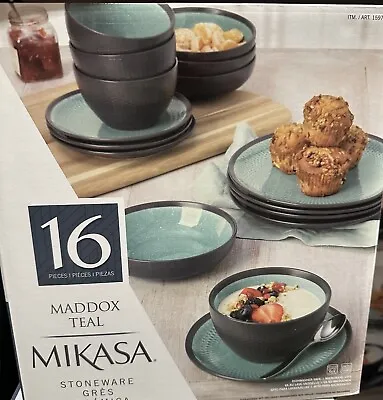 Open Box Mikasa Maddox Teal Stoneware 12 Piece Dinnerware Set *READ* • $65