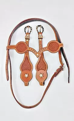 Genuine Leather Western Tooled Headstall V Shape Studs Browband & Check Piece • $44.77