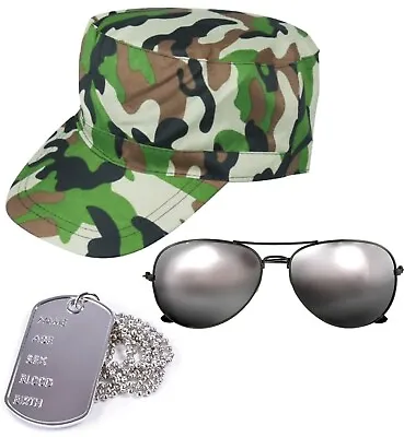 Men's Ladies Army Soldier Cap Dog Tag Aviator Sunglasses Fancy Dress Costume Set • £11.95