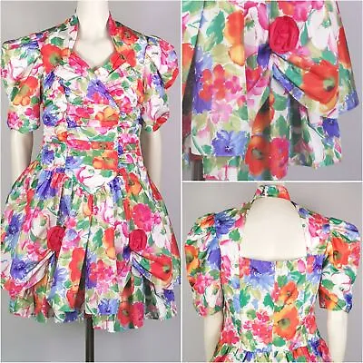 80s Vintage VERA MONT Floral Pouf Prom Dress - Vibrant Ascot Wedding Dress 12-m • £49