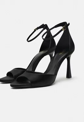 NEW Zara Women’s Size 6.5 -37 Black Satin Open Toe Heeled Sandal NWT Must Have • $59