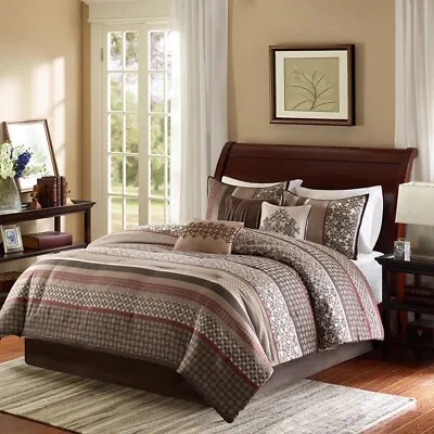 Luxury 7pc Brown & Red Geometric Comforter Set AND Decorative Pillows • $161.49