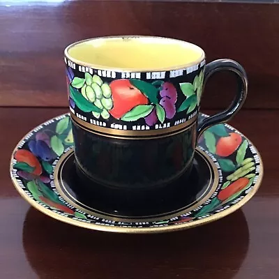 Maling Pottery Lustre Coffee Can And Saucer - Fruit Border On Black Ground #5077 • £24.95