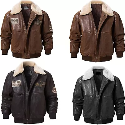 F19 Army Removable Fur Collar Black/Brown Cowhide Bomber Aviator Leather Jacket • $149.99