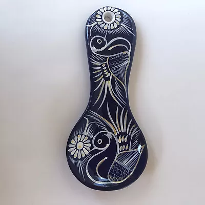 Mexican Pottery Bird Design Spoon Rest Holder Blue Glazed Red Clay Kitchen • $17.90