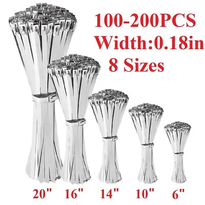 100 PCS 6 -20  Metal Zip Ties Stainless Steel Heavy Duty Self-Locking Cable Ties • $12.82