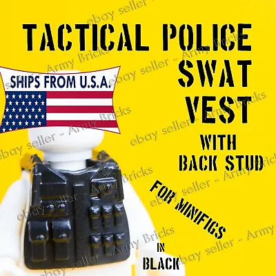 Tactical Police Swat Vest W/ Back STUD - CUSTOM Brick Gears For Minifig BLACK • $4.22