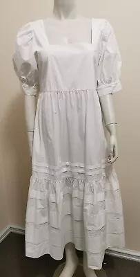 Seed Heritage Sz 12 White 100% Cotton Midi Tiered Pockets Puff-Sleeve Dress • $42.50