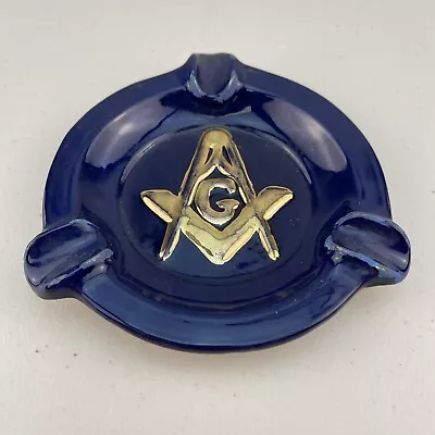 Vintage Mason Masonic Freemason Ceramic Ashtray Navy Gold Signed  JWE '66  • $19.95