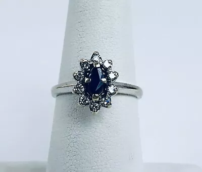 Vintage 14k Solid White Gold Blue Sapphire Marquise Cut Diamond Ring “Tradition” • $245