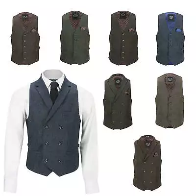 Mens Tweed Waistcoat Vintage Collar Double Breasted Smart Tailored Fit Suit Vest • £19.99