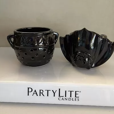 PartyLite Bat & Cauldron Black Tealight Holders Halloween P93578 *Rarely Found* • $40