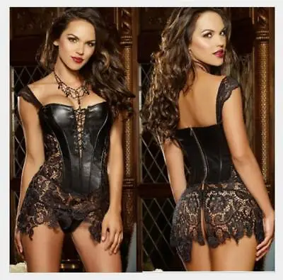 Lady Steampunk Faux Leather Lace Up Corset Dress Boned Basques Sexy Lingerie UK • £24.79