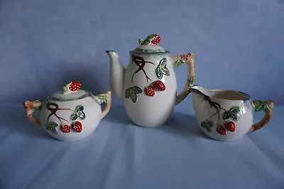 Vintage Enesco Ceramic Strawberry Teapot Sugar Bowl Creamer Set 1950's • $29.99