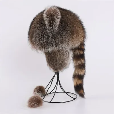 Luxury Fluffy Natural Raccoon Fur Bomber Hat Cat Ears Balls Trapper Hat Earflap • $58.99