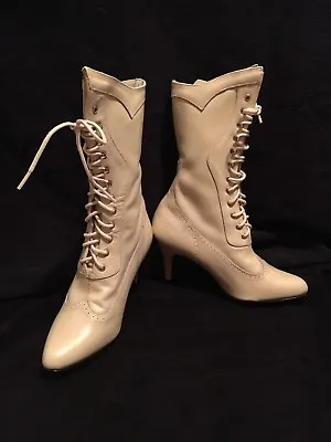 Ivory Leather Western Victorian Boot Size 6.5 6 1/2 Wedding Lace Up Bridal Hook • $125