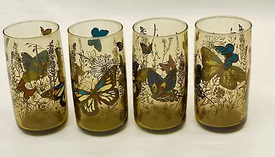 Anchor Hocking Drinking Glasses Butterflies Flowers Lot Of 4 5  Smokey Tumblers • $27.96