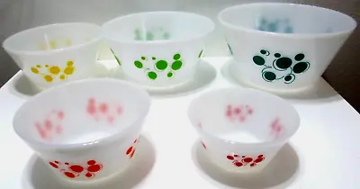 Vintage Federal Glass Mixing Bowl Set Of 5 Atomic Dots Nesting Milk Glass • $365.49