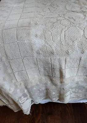 $19.99 • Buy True Vintage Lace Tablecloth, Hand Crocheted Cotton Lace, Rectangular 60 X 92