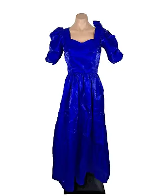 80s Prom Royal Blue Iridescent PUFFY BUBBLE SLEEVE Party Evening Dress Gown S/M • $90