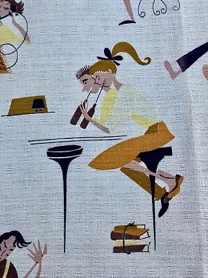 1950's MALT SHOP School Spirit Jitterbug Dance Barkcloth Novelty Vintage Fabric • $129.99