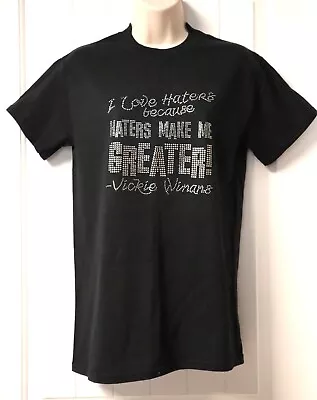 GILDAN Mens I LOVE HATERS Vickie Winans Embellished Black T Shirt Size S • $9.99