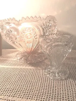 $195 • Buy 1920 ABPG Imperial Footed Zippered Heart Punch Bowl W/ Matching 8  Flower Vase