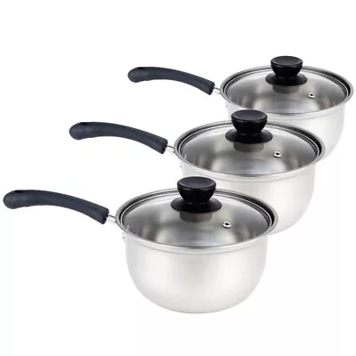 3Pcs Deep Saucepan Set Non Stick Stainless Steel Pan Set Saucepans Cookware Set • £11.88