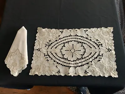 Vintage Set Of Linen Placemats + Napkins Hand Embroidered Cutwork Floral + Fruit • $74.99