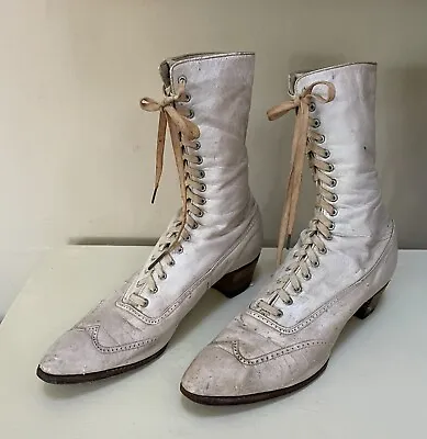 $74.99 • Buy Rare Antique Victorian Edwardian White Leather  Lace Up Women's Boots