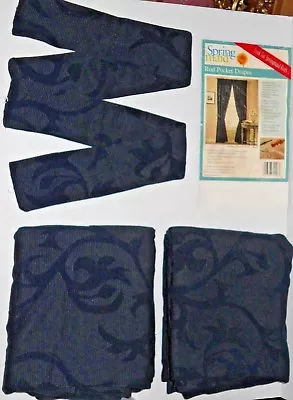 Vintage Spring Maid Newberry Chenille Scroll Rod Pocket Drapes Tiebacks Navy  • $99.99