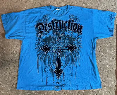 Vintage Destruction Shirt Mens 3XL Blue Black Felt Frocked Cross Wings • $15.87