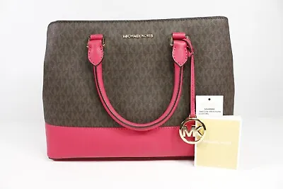 Michael Kors Savannah Satchel Saffino Leather Brown Pink Monogram Handbag Purse • $99.99