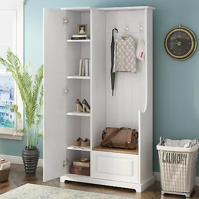 Hall Tree Flip-Up Bench Minimalist Shoe Cabinet Furniture White Hanging Hooks • $307.36