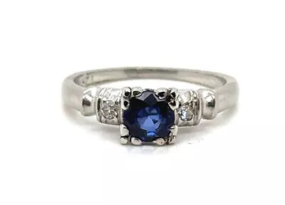 Deco Sapphire Diamond Engagement Ring .67ct Original 1930-1940 Antique Platinum • $685