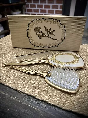 Vintage Gold Tone Hand Held Vanity Mirror Brush & Comb Set • $59