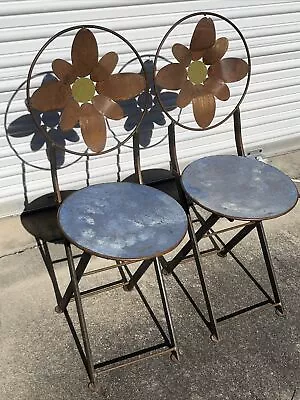Vintage Wrought Iron Folding Chair -Patio Garden Flower Art Deco SET • $299.99