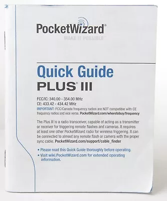 PocketWizard Plus III Transceiver Manual/Quick Guide Multi Language • $6