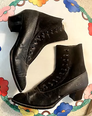 Antique Victorian Edwardian Women's Black Leather Button High Top Boots Boston • $69