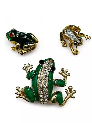 Trio Of Terrific Vintage Sparkly Rhinestone And Green Enamel Frog Brooch Lot • $14