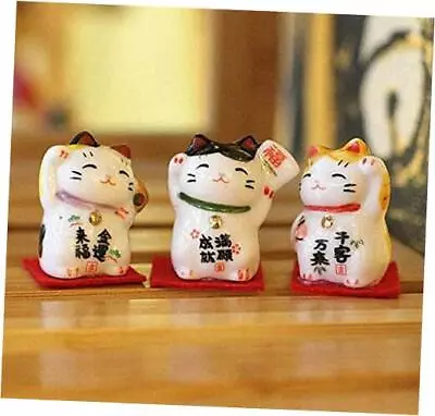 Set Of 3 Japanese Ceramics Maneki Neko Lucky Fortune Cat Figurines Waving  • $18.44