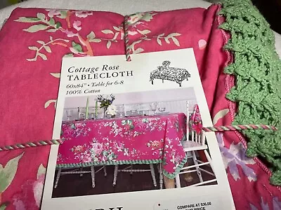 April Cornell Tablecloth 60 X 84 Cabbage Rose Pink Green 100% Cotton Nip • $52.99